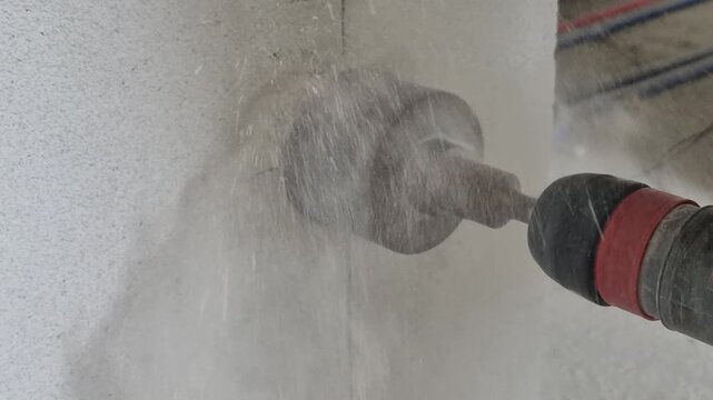 Drilling a round hole into a wall using a diamond core drill bit for an electrical box installation.