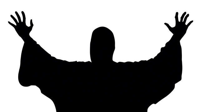 A silhouetted figure with arms outstretched in a gesture of praise or surrender