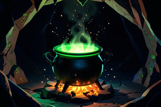 Spooky witch cauldron boiling with glowing green magic potion over a campfire inside a dark mystical cave.