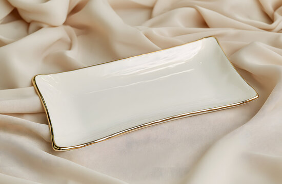 A pristine rectangular dish adorned with shimmering gold edges rests on a swishy fabric. This finely crafted serving platter is ideal for snacks or bite-size treats at gatherings and parties, elevatin