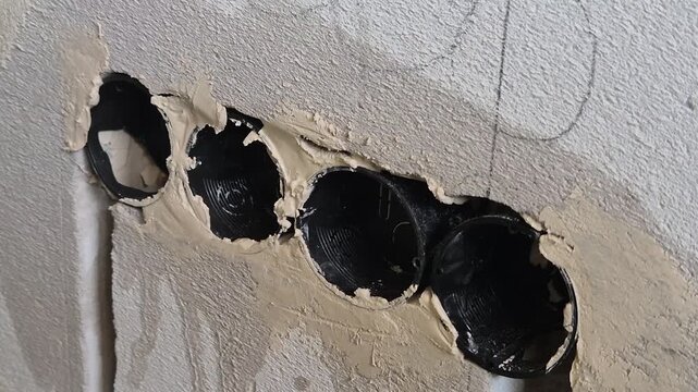 Close up of electrician fixing a 4 gang electrical wall box with gypsum using a putty knife