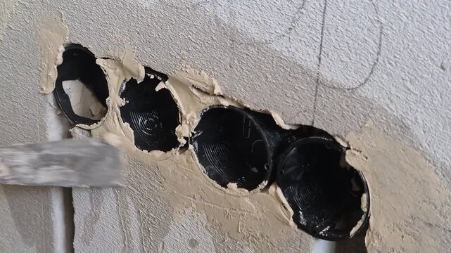 Slow motion macro shot of applying gypsum with a spatula around an electrical box on a brick wall.