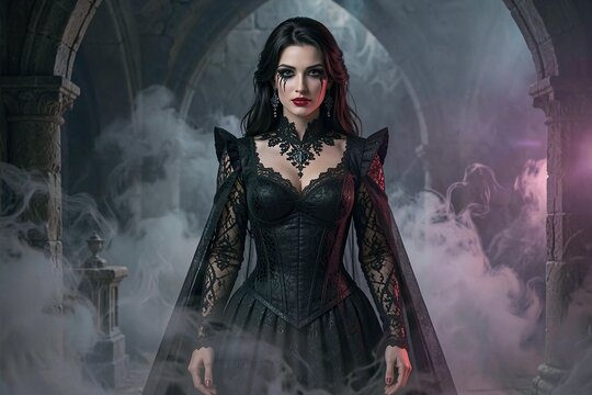 Beautiful gothic vampire woman in an elegant black lace dress inside a foggy haunted castle for Halloween.
