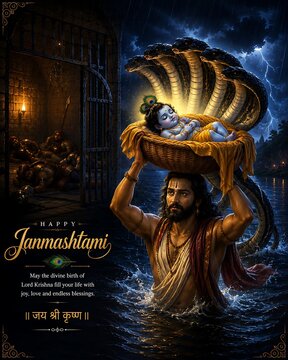 Vasudeva carrying baby krishna across the yamuna river during janmashtami
