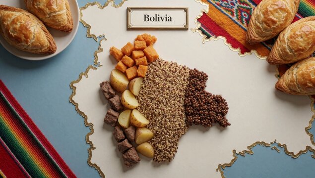 Flat lay table setting map bolivia center made different types food items arranged shape country's capital cit