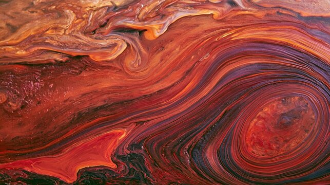Abstract swirls of red orange and black paint texture