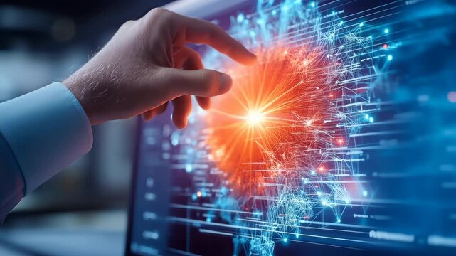 Human hand activates a glowing digital network on a futuristic touchscreen in a modern technology workspace
