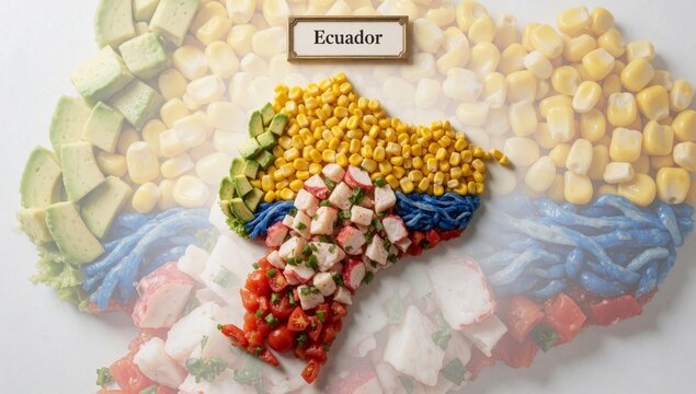 Map ecuador made different types food divided sections each representing country left side there slices avocad