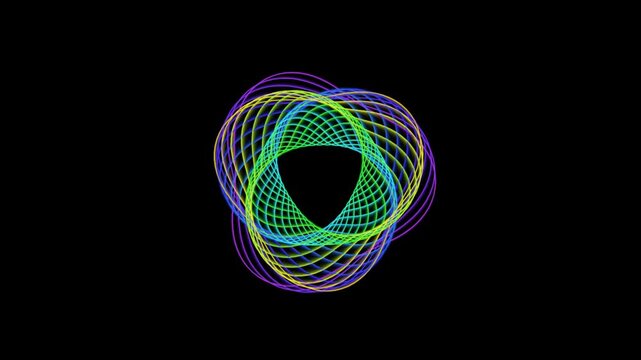 Hypnotic neon mandala art, a colorful abstract geometric tunnel of light on a black background, perfect for meditation, yoga, zen, healing, and chakra balancing.