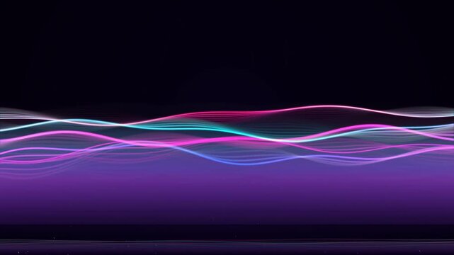 Abstract dynamic digital waves flowing elegantly through dark space creating hypnotic colorful sound visualization pulsing with vibrant neon light effects for background design.