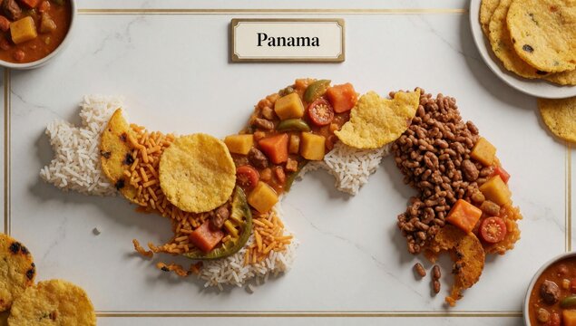 Flat lay plate food shape word panama filled variety dishes including rice beans vegetables there tortilla chi