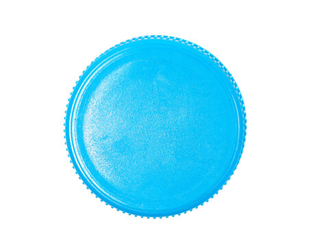 Blue plastic bottle cap for water isolated on white, top view