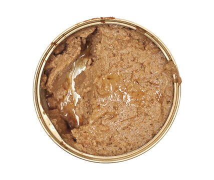 Cat food with salmon in tin can isolated on white background, top view