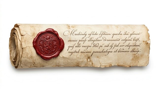 A weathered ancient scroll with red seal isolated on white background