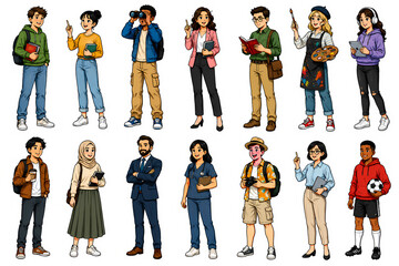 Fototapeta premium Diverse Cartoon Group of Professionals Students and Casual People Characters