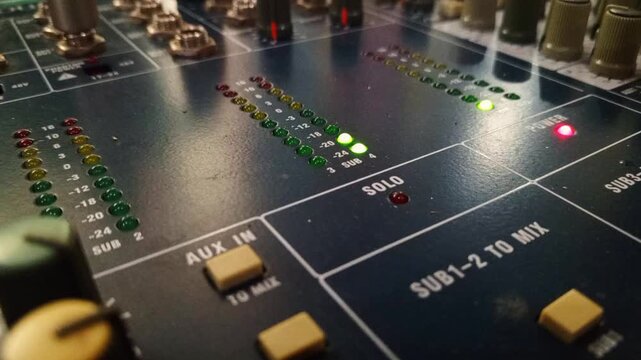 Macro shot of buttons and LED level indicators on a sound mixing desk for music and podcast production