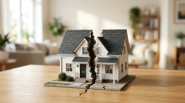 A miniature house model divided in two parts representing real estate problems and home separation.