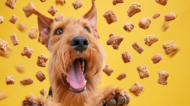 Happy Airedale terrier looking eager as dog food pieces fly in the air with bright background color