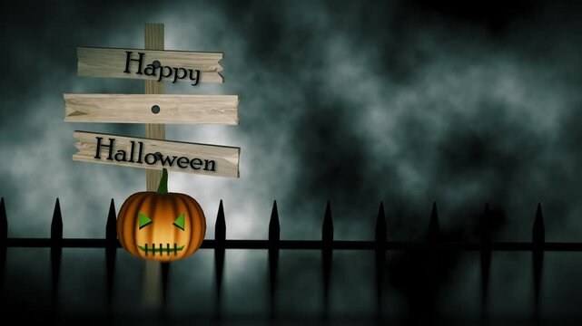 Trick or treat rickey old broken wooden signpost and pumpkin in foggy Halloween scene