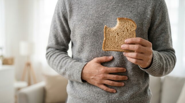 Bitten slice of bread held by a person suffering from gluten sensitivity or stomach ache.