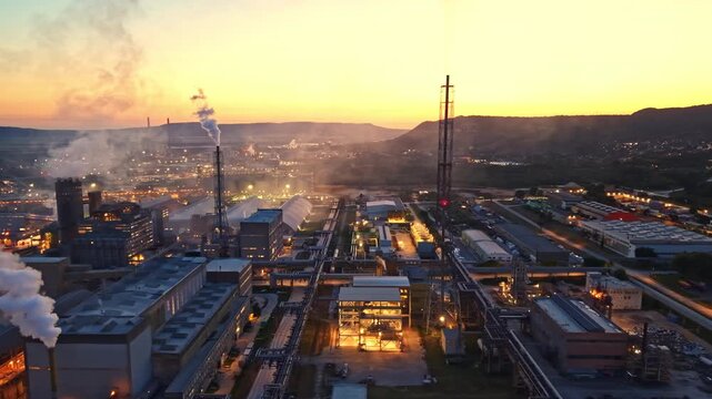 An industrial zone where workers are active as the sun sets in the background. Lights from the buildings create a busy atmosphere with smoke rising from chimneys.