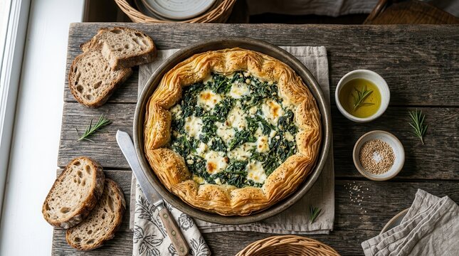 Traditional Greek spinach pie with feta cheese and savory crust on a rustic wooden table.