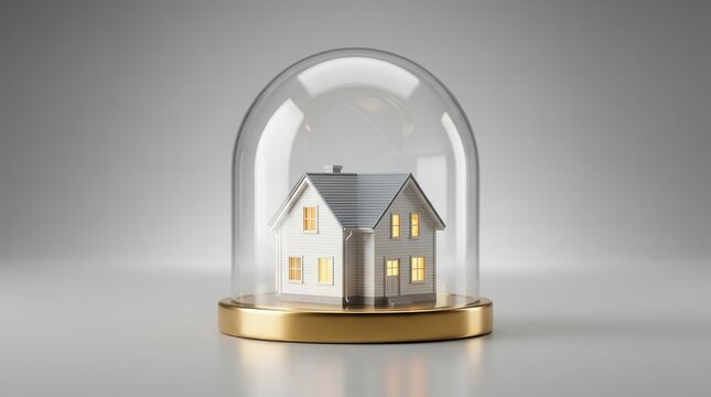 Property protection concept featuring a miniature house model inside a protective glass dome.