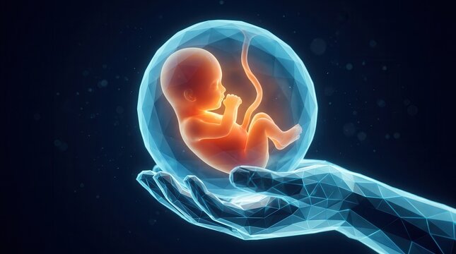 Human hand supporting a digital fetal model representing embryo health and prenatal care.