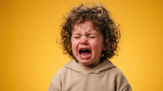 Close up portrait of a curly-haired kid experiencing an angry tantrum and frustration.