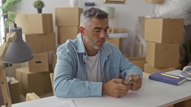 Man holding smartphone at table surrounded by moving boxes in a building checking messages while wearing a light blue jacket; relief beginning.