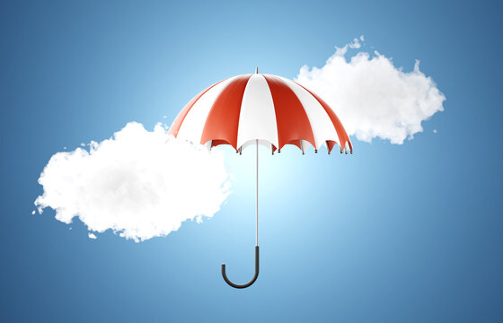 Umbrella with clouds on blue background
