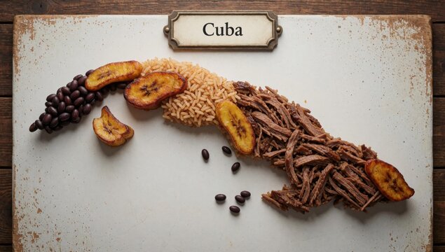 Cuban dish wooden table arranged shape map cuba word written cursive font top made different types food includ