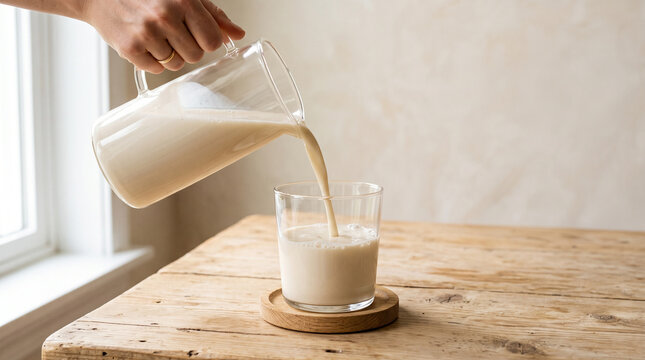 Hand pouring oat milk from a glass pitcher into a glass on a rustic wooden table