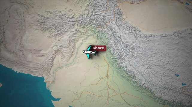 Lahore to Jeddah Flight Route Animation on Topographic Map Background