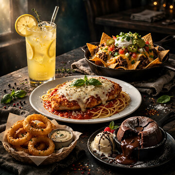 frosty Mellow Yellow, loaded beef nachos in the skillet, classic chicken parm over spaghetti, crispy onion rings, and that molten triple chocolate meltdown oozing out