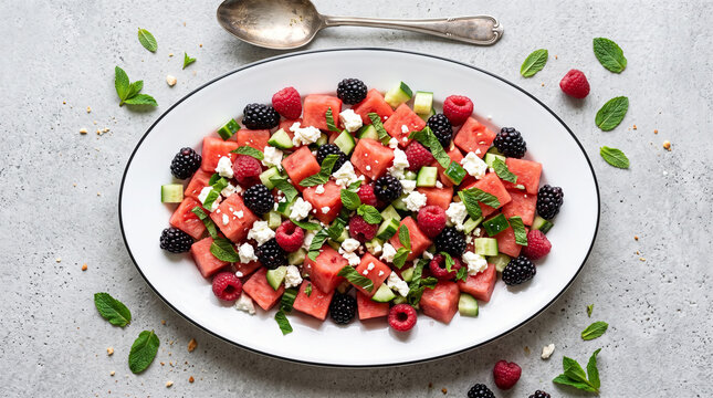 Fresh watermelon salad with blackberries, raspberries, cucumber, mint, and feta cheese on a white oval plate, top view on a rustic gray background