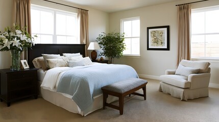 Fototapeta premium A serene bedroom featuring a dark wood bed frame light blue quilt beige curtains and a cozy armchair near large