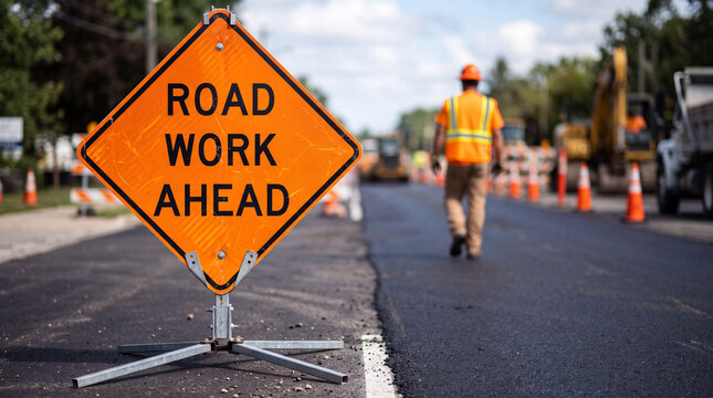 A close-up of a road work ahead sign on a newly paved road, with a construction man walking in the background. Concept of road construction, infrastructure repair.