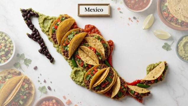 Flat lay mexican food arranged shape state mexico there several tacos circular pattern white marble surface fi