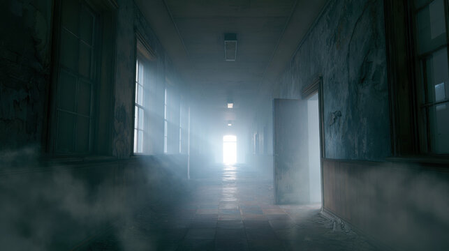 A hallway in an abandoned building is filled with mist. Doors are open on both sides, and light shines from one end, creating a haunting atmosphere