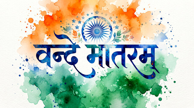 Illustration splash wave watercolor Indian flag or Indian Tiranga design with Hindi text 'Vande Matram' means 'salute to Mother land', Indian republic day or independence day celebration concept