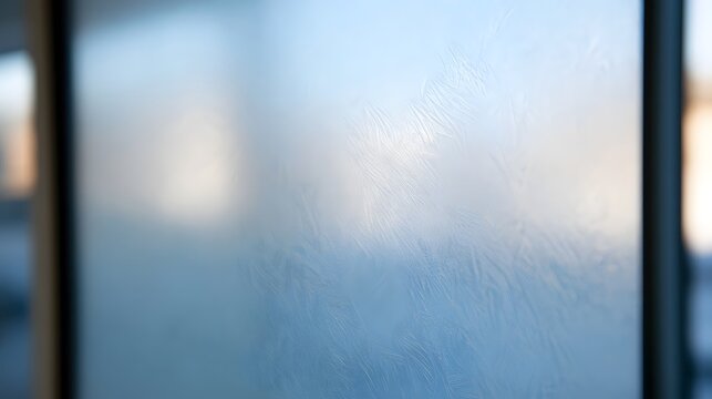 Frosted glass surface showing delicate ice patterns under soft natural light with blurred background elements