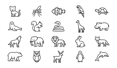 Obraz premium Collection of assorted animal illustrations featuring cats, dogs, birds, fish, reptiles, elephants, giraffes, and other wildlife