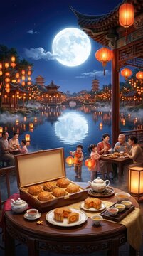 Mooncakes inside wooden gift box on table with tea, family celebrating Mid-Autumn Festival under bright full lunar orb, orange lanterns reflecting on water, oriental pavilion garden scenery.