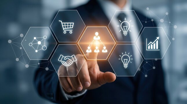 Digital networking and affiliate marketing concept illustrating the relationship between customers and online businesses.