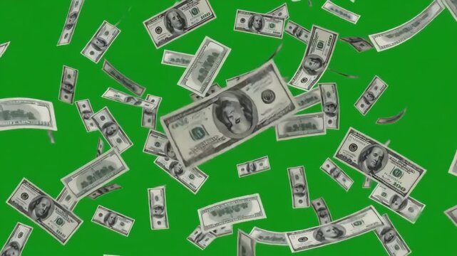Falling us dollar bills on green background