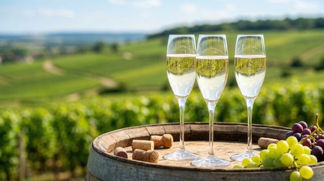 Refreshing champagne glasses and grapes on a wooden barrel in a lush vineyard.