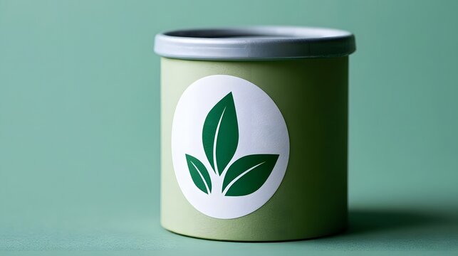 A green cylindrical container with a white circular label featuring three stylized leaves on a muted green background