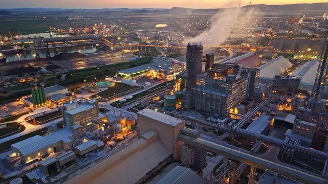 Factory buildings are seen with lights on as the sun sets. Smoke rises from the chimneys while machines operate. The river runs through the area with green fields nearby.