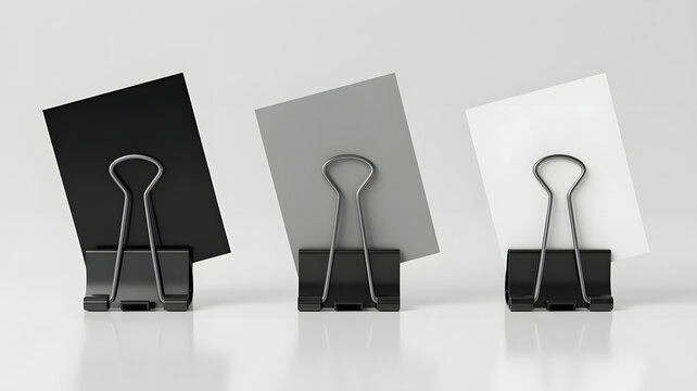 Blank note paper mockups with binder clips on white background for office branding presentation